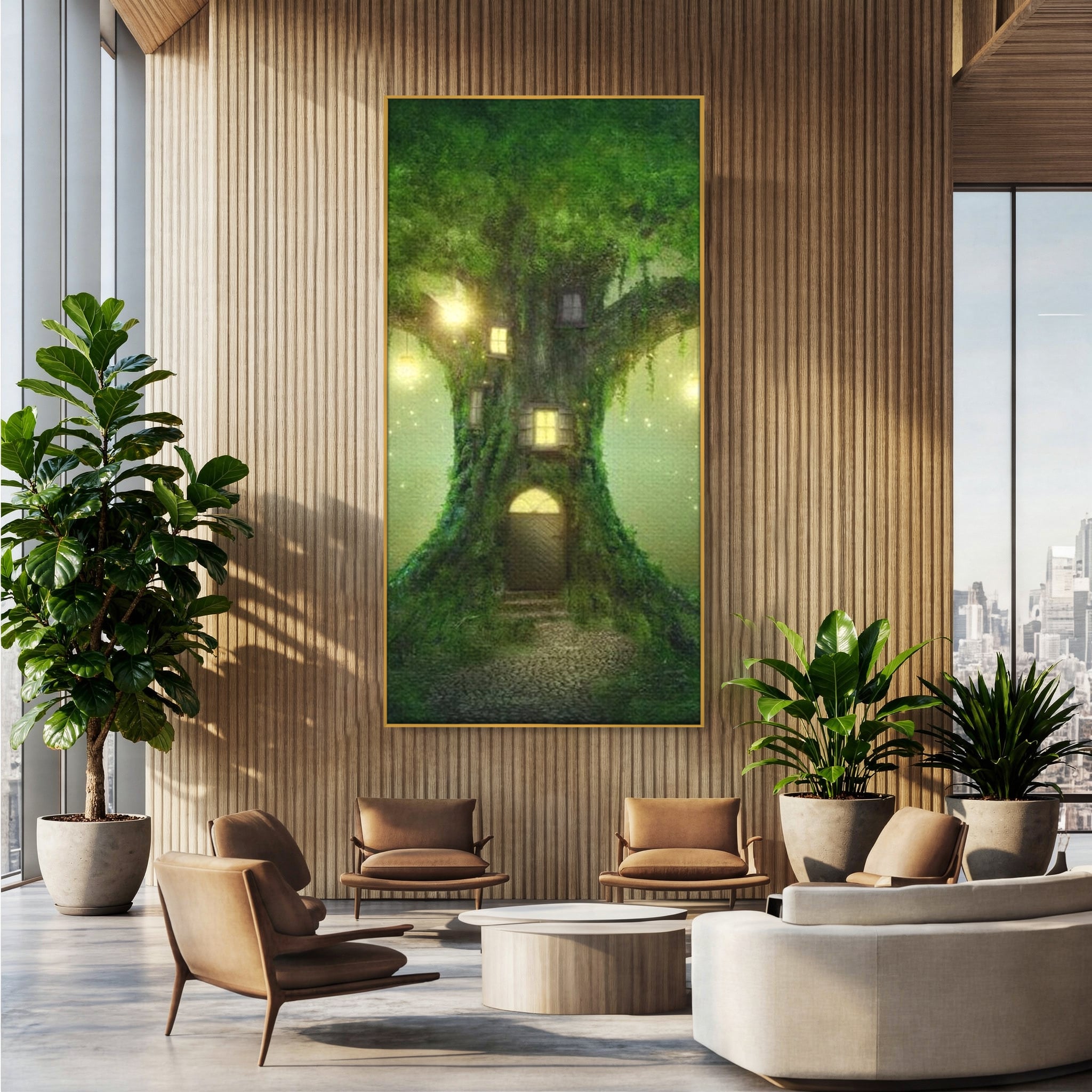 Tablou canvas cu ilustratie digitala cu un copac fermecat, in rama de aluminiu auriu, pe perete intr-un birou